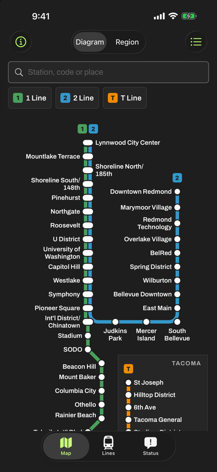 The map: the 1, 2 and T Lines as a diagram, with station names and line badges.